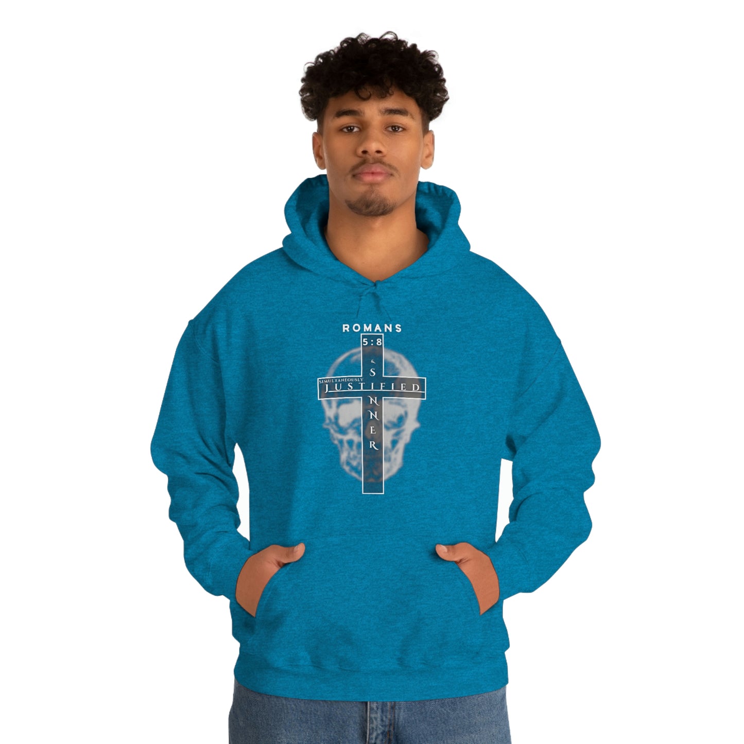 Men's Justified & Sinner (Romans 5:8) [White Art] Heavy Blend™ Hooded Sweatshirt