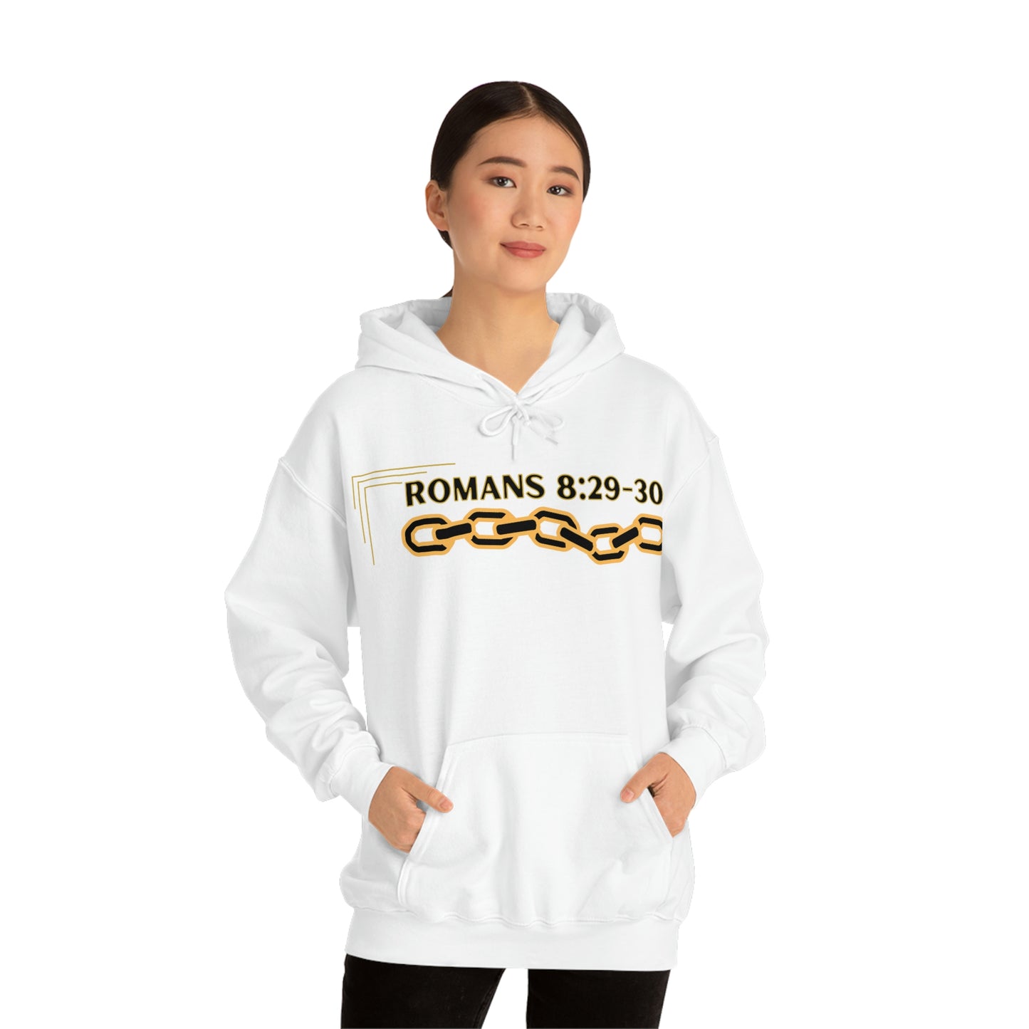 Unisex Golden Chain of Redemption (Romans 8:28-29) [Black] Heavy Blend™ Hooded Sweatshirt