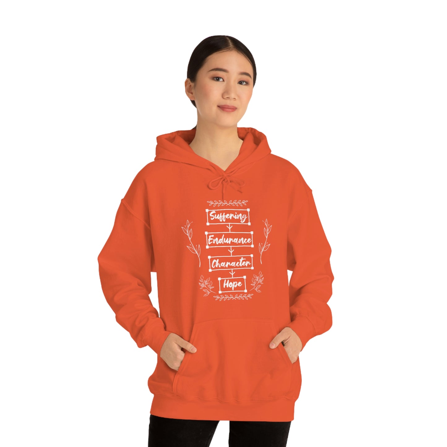 Women's Suffering Produces Hope (Romans 5:4) [White Text] Heavy Blend™ Hooded Sweatshirt