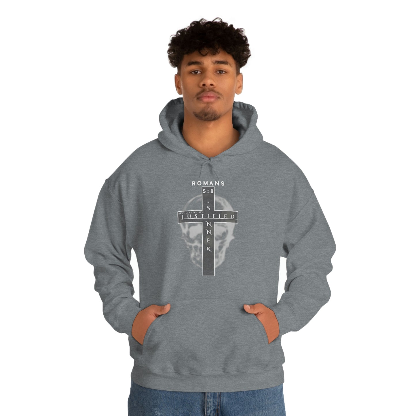 Men's Justified & Sinner (Romans 5:8) [White Art] Heavy Blend™ Hooded Sweatshirt