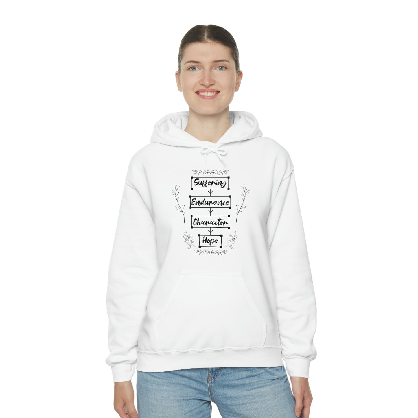 Women's Suffering Produces Hope (Romans 5:4) [Black Text] Heavy Blend™ Hooded Sweatshirt