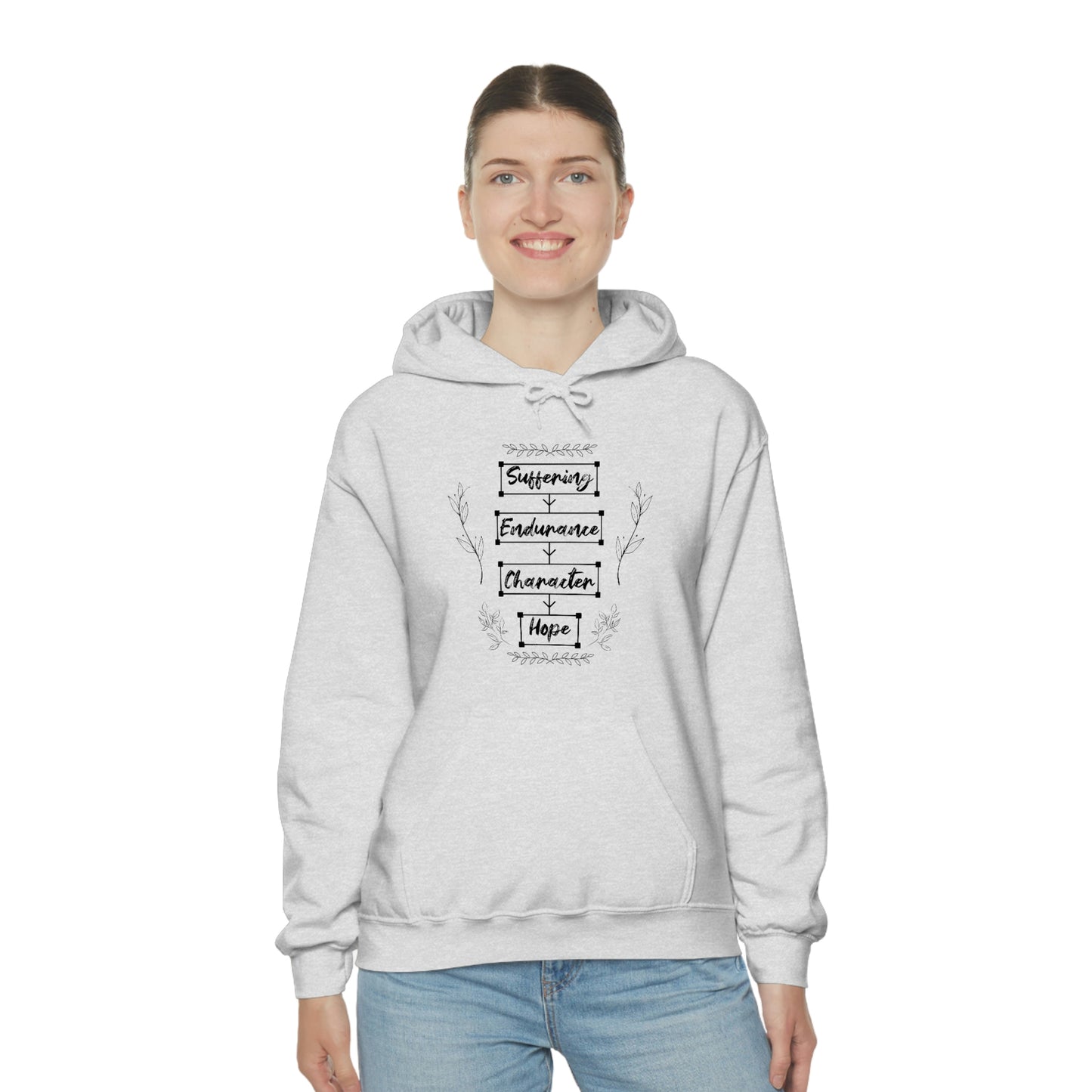 Women's Suffering Produces Hope (Romans 5:4) [Black Text] Heavy Blend™ Hooded Sweatshirt