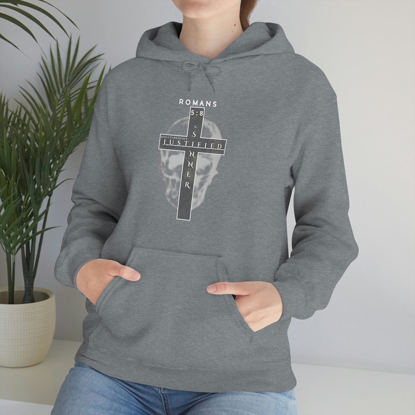 Men's Justified & Sinner (Romans 5:8) [White Art] Heavy Blend™ Hooded Sweatshirt