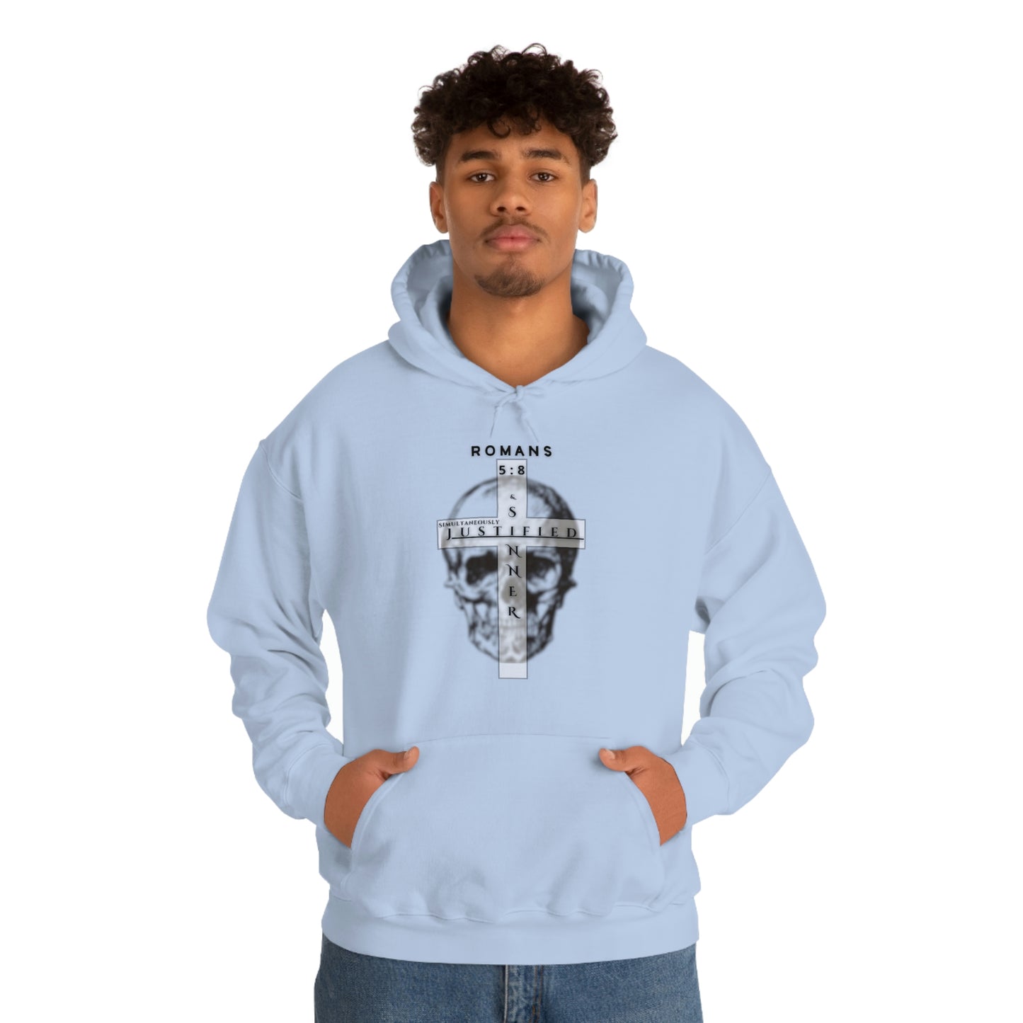 Men's Justified & Sinner (Romans 5:8) [Black Art] Heavy Blend™ Hooded Sweatshirt