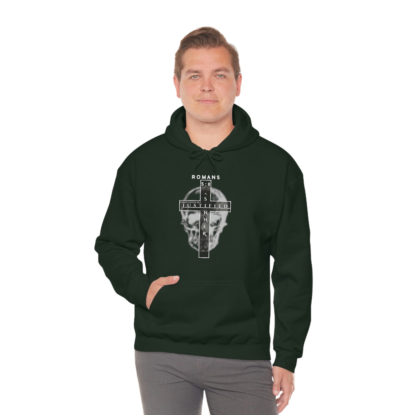 Men's Justified & Sinner (Romans 5:8) [White Art] Heavy Blend™ Hooded Sweatshirt