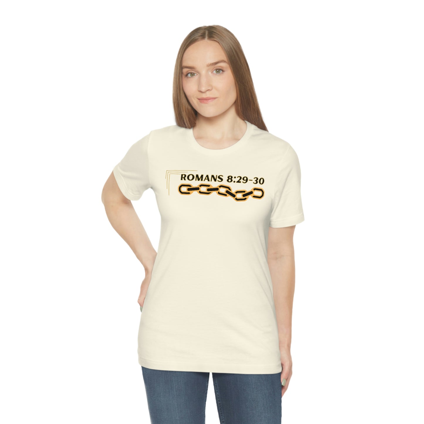 Unisex Golden Chain of Redemption (Romans 8:28-29) [Black] Short Sleeve T-Shirt