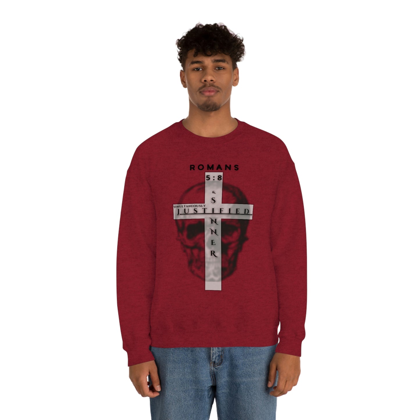 Men's Justified & Sinner (Romans 5:8) [Black Art] Heavy Blend™ Crewneck Sweatshirt