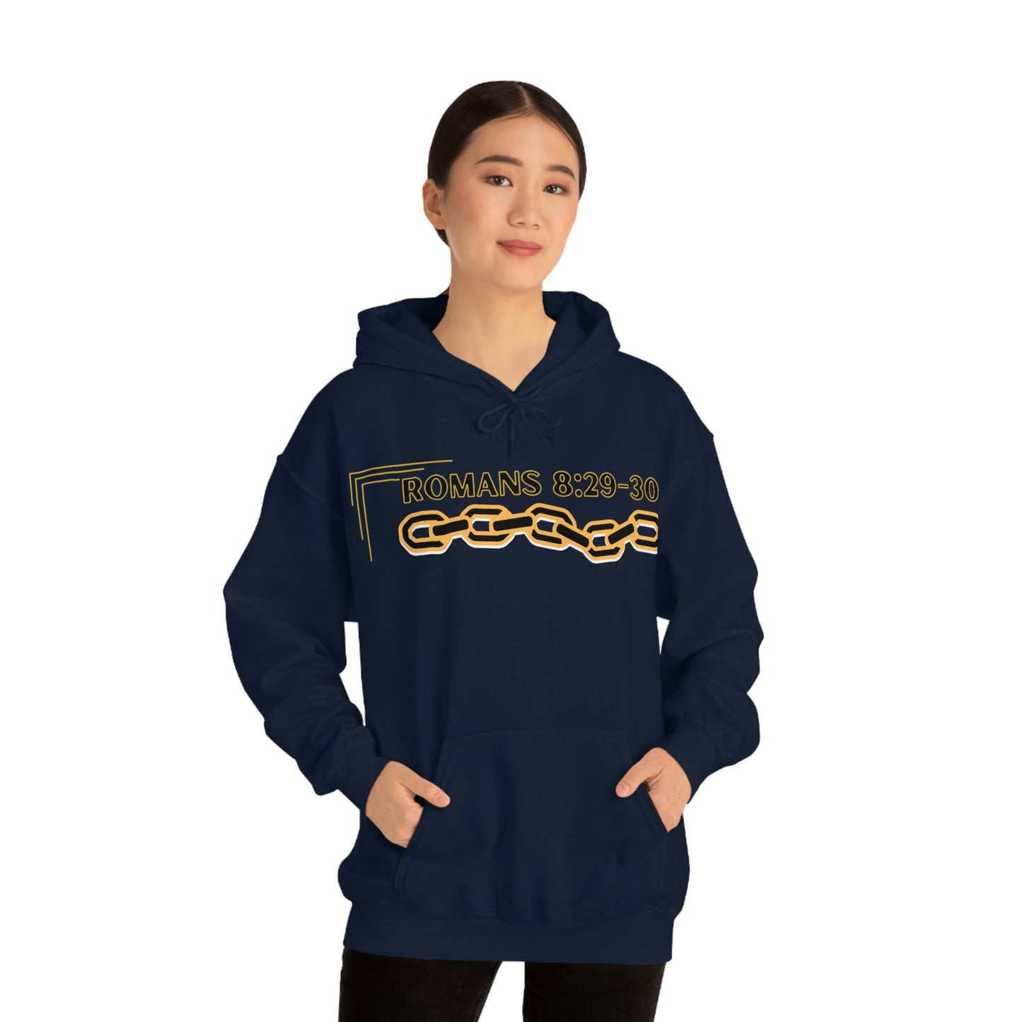 Unisex Golden Chain of Redemption (Romans 8:28-29) [Black] Heavy Blend™ Hooded Sweatshirt