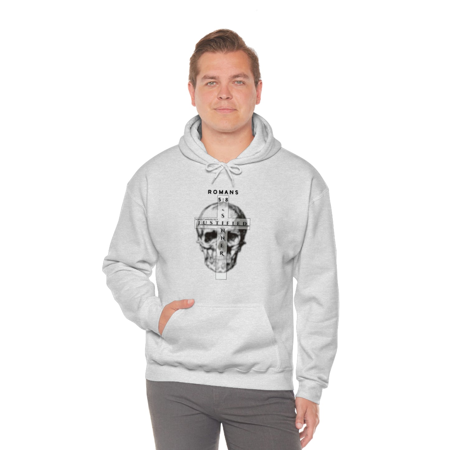 Men's Justified & Sinner (Romans 5:8) [Black Art] Heavy Blend™ Hooded Sweatshirt