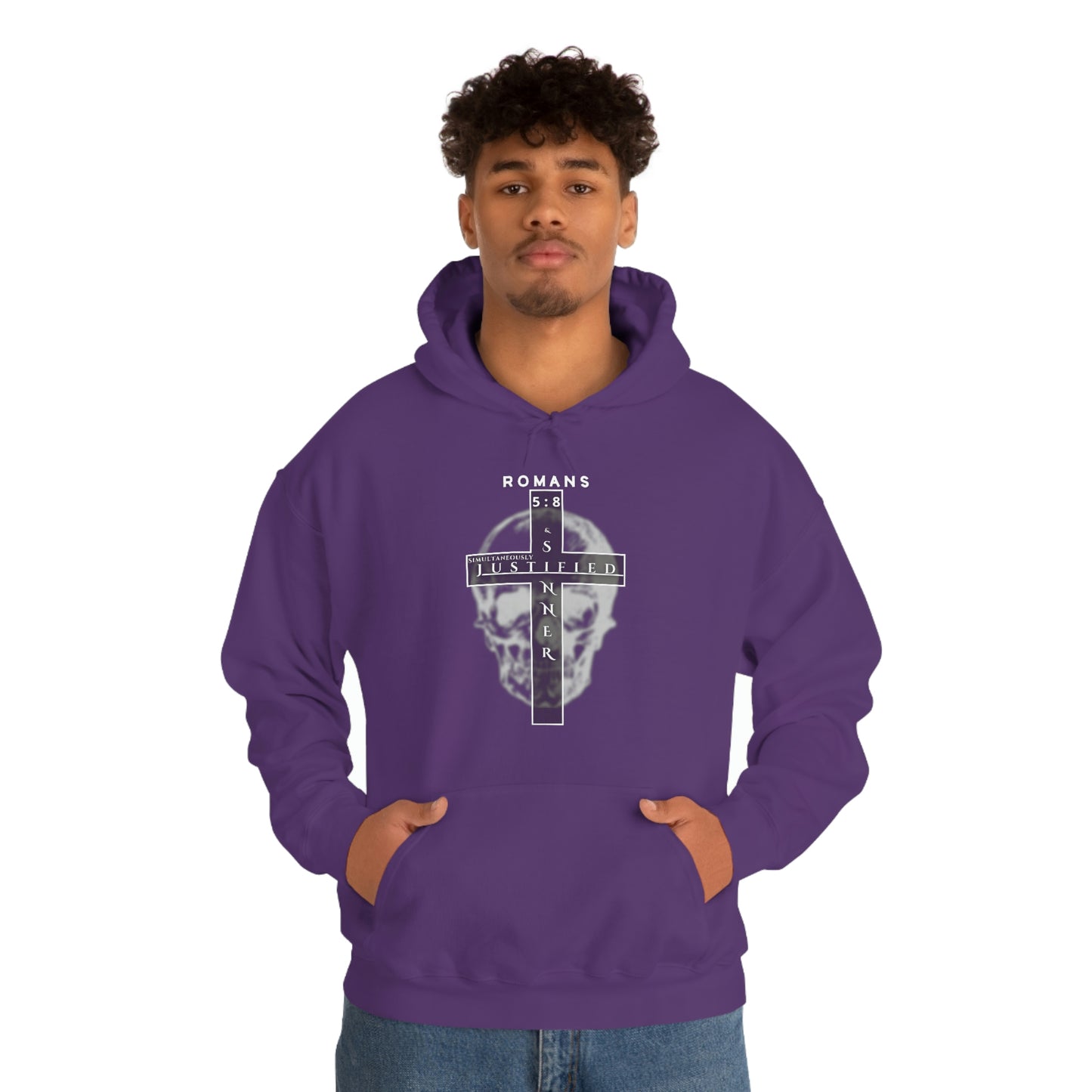 Men's Justified & Sinner (Romans 5:8) [White Art] Heavy Blend™ Hooded Sweatshirt